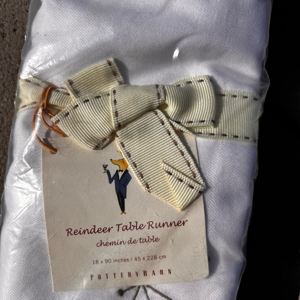 Pottery Barn White 18x90 Table Runner with Reindeer Design NEW IN BAG